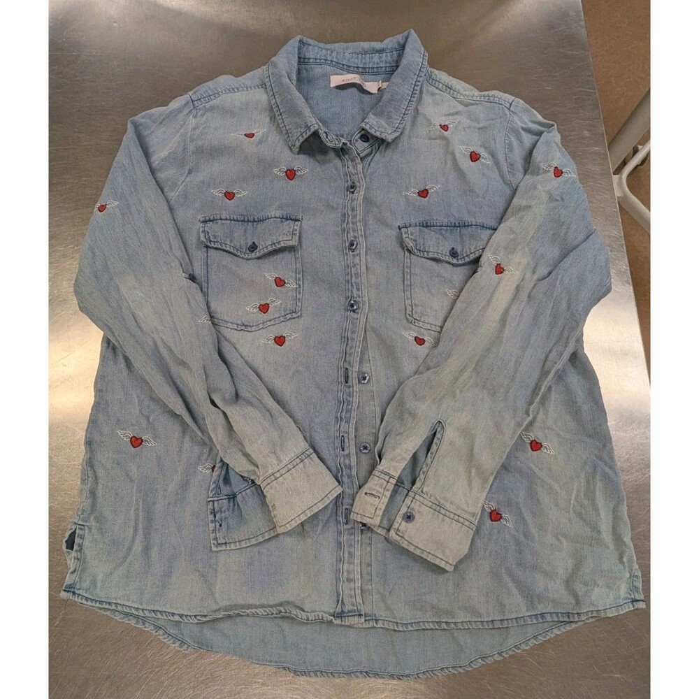 Billy T XL Love Wing Embroidered Distressed Denim Canvas Utility Shirt Women's